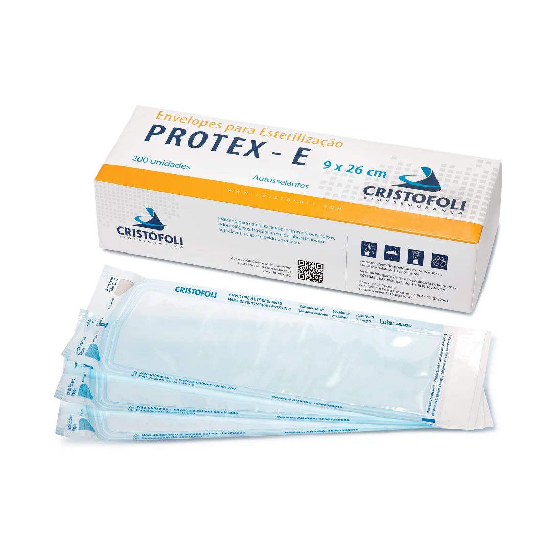 Envelopes-para-esterilizacao-protex-e-cristofoli-200-unidades-hospitalar-odontologia-clinica-medica-salao-estetica-manicure-tatuagem-veterinaria-body-piercing-03 Envelope para Esterilização Autosselante Protex-E 9x26cm 200 unidades - Imagem 1